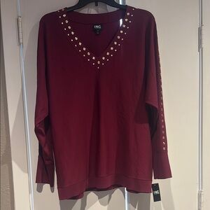 INC International Concepts Women's Burgundy Studded V-Neck Top